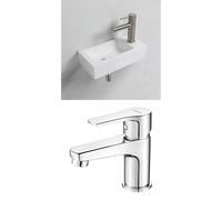 Ibergrif Set de Baño: Lavabo de Cerámica de Pared (Mano Derecha, 376 x 188 x 93 mm) y Grifo Monomando de Latón Cromado M11057 (Altura 65 mm), Cartucho Cerámico, Ahorro de Agua del 30%, Incluye Latigui