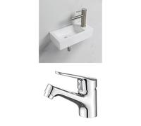 Ibergrif Set de Baño: Lavabo de Cerámica de Pared (Mano Derecha, 376 x 188 x 93 mm) y Grifo Monomando de Latón Macizo M11050 (Altura 60 mm), Acabado Cromado, Cartucho Cerámico, Aireador Extraíble, Inc