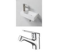 Ibergrif Set de Baño: Lavabo de Cerámica de Pared (Mano Izquierda, 376 x 188 mm) y Grifo Monomando de Latón Macizo M11050 (Altura 60 mm), Acabado Cromado, Cartucho Cerámico, Aireador Extraíble, Incluy