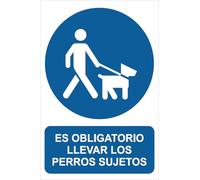 IberNorma MS255 - Señal Adhesiva de Es obligatorio llevar los Perros sujetos 20x30cm Pegatina de Obligación homologada Cartel ideal para informar en interiores de tiendas y locales (20x30cm)