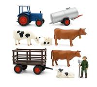 Iberplace 30010 Superset Agricultura H0 1:87 - Figuras de resina pintadas a mano y accesorios, 8 piezas: tractor, remolque de depósito de leche, 3 vacas y ternera, agricultores, vagones - para plantas