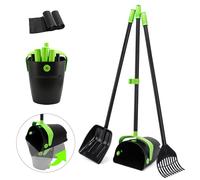 ibestbuy Juego de cubo giratorio y pala rastrillo con bolsas de basura, mango largo máximo de 43.7 pulgadas, ajustable, portátil, no se rompe para perros grandes, medianos y pequeños, caca seca y