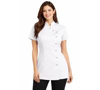 IBEX Túnica negra de belleza para mujer - Uniforme de spa y salón, ropa laboral para esteticista y técnica de uñas, top para terapeuta de masaje, botón asimétrico, cuello mandarín, tallas 6-30, blanco