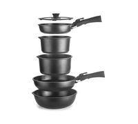 IBILI - Set Batería 9 Piezas Kompakto, sarten 20-26 cm, sarten honda 26 cm, cazo 18-20 cms, tapa 20-26 cms, 2 mangos extraibles, libre de PFAS, Aluminio fundido, Apilable, facil de almacenar