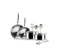 IBILI - Juego de 10 piezas de cacerola, olla, sartenes y utensilios de acero inoxidable, tricapa triply Natural, Apto para induccion, sin antiadherente