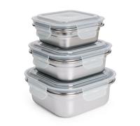 Ibili Keepklin - Lote De 3 Recipientes Cuadrados De 0.3l, 0.5l Y 0.8l En Acero Apto Microondas