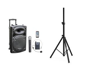 Ibiza - Altavoz portátil 12" / 700W MAX con 2 micrófonos VHF, Mando a Distancia & Audibax Neo 131 - Soporte Profesional para Altavoces - Trípode Extensible Negro Mate