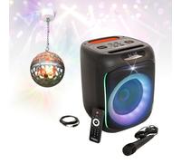 Ibiza CUBE180 - Pack de altavoz Karaoke independiente con Bluetooth, luminoso, 180 W, SD USB, 1 micrófono, juego de luz Astro-ball8, regalo para niños y cumpleaños