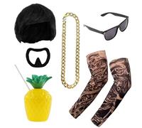 Ibiza - Juego de accesorios para disfraz de jefe final, peluca negra con corte de tazón, barba de cabra, cadena dorada, mangas de tatuaje falso, tonos y copa de piña, kit de disfraz para festivales y