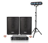 Ibiza - Pack de 2 altavoces pasivos 2 x 700 W - Amplificador 2 x 600 W - Pie pórtico juegos luces 4 proyectores por - Boda Cumpleaños DJ