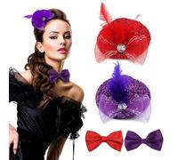 IBMLOMM Tocado vintage de los años 20 50 con diseño de flores y plumas, color rojo y morado, elegante estilo Audrey Hepburn con lazos a juego