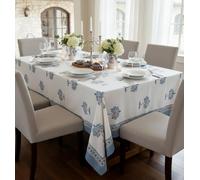 IBOAH Mantel Rectangular Grande de Algodón 170×250 cm | Hecho a Mano en India con Estampado Blockprint Azul y Blanco de Palmeras | Mesa de Comedor 8-10 Personas