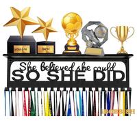 iBobbish Premium Trophy Shelf with Non-Slip Protect,She Believed She Could SO SHE DID Medal Holder For Girls,Medal Hanger Display Wall 16inchL,sports medal display Upgraded 20 Hooks Premium Black
