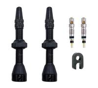IBRIQO® Pack 2 Válvulas 40mm Presta Tubeless Bicicleta MTB - Carretera | 2 Válvulas + 2 Obuses + 1 Llave Desmontar Obús | Válvula Aire - Negro - Aluminio | Sin Fugas de Aire - Compatible con Mousses