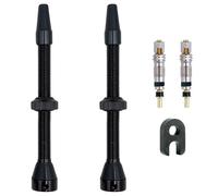 IBRIQO® Pack 2 Válvulas 80mm Presta Tubeless Bicicleta MTB - Carretera | 2 Válvulas + 2 Obuses + 1 Llave Desmontar Obús | Válvula Aire - Negro - Aluminio | Sin Fugas de Aire - Compatible con Mousses