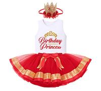 IBTOM CASTLE Bebé Niña 1 Año Cumpleaños Conjunto Camiseta Estampada de Chaleco +Princesa Tul Tutu Falda +Diadema con Corona 3pcs Conjuntos Vestidos Informales de Verano para Niñas Rojo 6-12 Meses