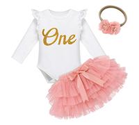 IBTOM CASTLE Bebé Niña Cumpleaños 1 año Vestido de Manga Larga de Encaje Falda Diademas de Pajarita Conjunto Vestido de Princesa Falda Tutú de Tul Rosa-one 12-18 meses
