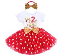 IBTOM CASTLE Bebé Niñas 1er/2do/3er Cumpleaños Traje Minnie Princesa Vestido de Manga Corta Mameluco/Camiseta+Tutú de Tul de Lunares+Diadema 3 Piezas de Fiesta de Cumpleaños Rojo-2nd 2 Años
