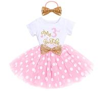IBTOM CASTLE Bebé Niñas 1er/2do/3er Cumpleaños Traje Minnie Princesa Vestido de Manga Corta Mameluco/Camiseta+Tutú de Tul de Lunares+Diadema 3 Piezas de Fiesta de Cumpleaños Rosado-3rd dots 3 Años