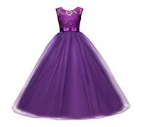 IBTOM CASTLE Vestido de niña de Flores para la Boda Niños Largo Gala Encaje De Ceremonia Fiesta Elegantes Comunión Púrpura 8-9 años