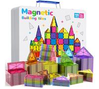 iburge Bloques de construcción magnéticos, 100 Piezas Grandes de baldosas magnéticas con Caja metálica para niños y niñas de 3 a 12 años. Juguetes educativos Stem. Regalos de cumpleaños y Navidad.