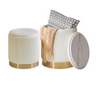 IBUYKE Conjunto de 2 sillas otomanas Redondas con Adornos de Almacenamiento y Anillos metálicos,Taburete de Terciopelo para Maquillaje,Asiento Acolchado Moderno,Taburete para Pedales,Blanco WBD016W
