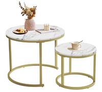 IBUYKE Mesa Redonda anidable, Juego de 2 mesas auxiliares extraíbles, Mesa Auxiliar apilable para sofá, Sala de Estar, Dormitorio, Oficina, balcón, apartamento, Blanco y Dorado TMJ062G