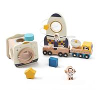 ibwaae Juego de juguetes espaciales de cohete de madera para niños pequeños de 1 a 3 años, clasificador de formas Montessori y actividad de apilamiento con coche magnético, juguete de aprendizaje de