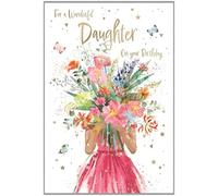 IC&G - Tarjeta de cumpleaños maravillosa para hija, tarjeta de feliz cumpleaños con ramo floral y mariposas con papel de aluminio en relieve y detalles de flitter, tarjeta de cumpleaños para mujeres y