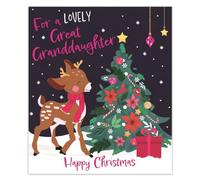 IC&G - Tarjeta de Navidad para una bonita bisnieta, reno y escena de árbol