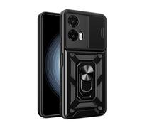iCatchy Funda para Motorola Moto G35, protección contra caídas de grado militar, soporte magnético giratorio de 360°, lente de cámara deslizante, carcasa rígida híbrida antiarañazos (negro)