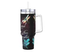 Ice Bully - Vaso aislado de acero inoxidable con estampado colorido de libélula de 40 onzas con asa y pajita, perfecto para viajes y deportes