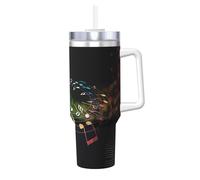 Ice Bully - Vaso aislado de acero inoxidable con estampado de notas musicales coloridas de 40 onzas con asa y pajita, perfecto para viajes y deportes