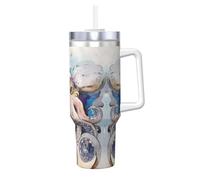 Ice Bully - Vaso aislado de acero inoxidable con estampado retro de pulpo de 40 onzas con asa y pajita, perfecto para viajes y deportes