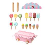 Ice Cream Shop Playset - Wooden Pretend Cart for Kids Ages 3-6 | Role Play Food Stand with Push Handle, Imaginative Dessert Market Toy for Birthday Party Kitchen Grocery Fun