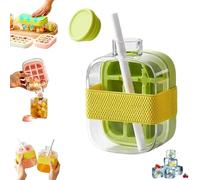 Ice Cube Bottle,2 In 1 Touch-Free Ice Cube Tray Water Bottle with Lid and Bin,Easy Release & Large Capacity,Portable Ice Maker Kettle with 18/12 Grids Flat Body, For Coffee, Beverages