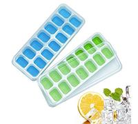 Ice Cube Tray with Lid, Easy-Release and Flexible 14-Ice Trays with Spill-Resistant Removable Lid, Silicone Ice Cube Mold for Whiskey, Cocktail, Beverages, 2 Pack of Ice cube maker (Blue &Green)