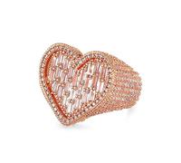 Iced Out Jewelry - Anillo de corazón ajustable con circonita cúbica tipo baguette, todo a juego con Bling Bling Bling Delicado anillo de oro rosa para fiesta de amor para niñas y mujeres, regalo de