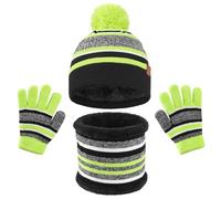 Icegrey 3 in 1 Set de Bufanda Gorro Guantes Conjunto de Cálido Gorro de Punto Invierno con Pompon, Braga Cuello con Forro Polar Guantes Termicos para Niña Niño 4-10 Años, Verde