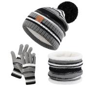 Icegrey 3 in 1 Set de Bufanda Gorro Guantes Conjunto de Cálido Gorro de Punto Invierno con Pompon, Braga Cuello con Forro Polar Guantes Termicos para Niña Niño 4-10 Años, Negro 2