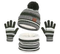 Icegrey 3 in 1 Set de Bufanda Gorro Guantes Conjunto de Cálido Gorro de Punto Invierno con Pompon, Braga Cuello con Forro Polar Guantes Termicos para Niña Niño 4-10 Años, Ejército Verde