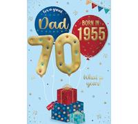 ICG - Tarjeta de cumpleaños número 70 para papá 2025 - Tarjeta de feliz cumpleaños con diseño de globos y estrellas y acabados especiales - Tarjetas de cumpleaños para hombres