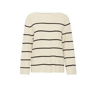 ICHI IHBOSTON Jersey de Punto Fino para Mujer, Cuello Redondo, diseño de Rayas, Corte Holgado, Almond Milk Black Stripe (203332), S