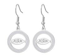 Ichthus - Pendientes de Jesucristo con cruz de pez Ichthys, sello de Jerusalén, amuleto religioso, joyería cristiana, regalo de bautizo o Pascua para mujer, Medio, Acero inoxidable, Sin piedra