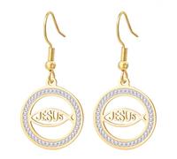 Ichthus - Pendientes de Jesucristo con cruz de pez Ichthys, sello de Jerusalén, amuleto religioso, joyería cristiana, regalo de bautizo o Pascua para mujer, Medio, Acero inoxidable, Sin piedra