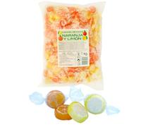 iChuches - Caramelos Rock Naranja y Limón 1kg | Dulces Cítricos Artesanales Sin Gluten con Diseño de Gajo, Formato Ahorro para Eventos, Hostelería y Oficina