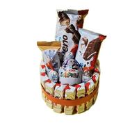 Ichuches. Cesta Chocolate,Tarta de productos kinder, regalos originales con kinder bueno, huevos kinder, kinder happy hippo. (Pequeño)