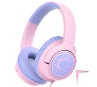 iClever Auriculares Niños, Casco con Cable para Niños, Límite de Volumen Seguro de 85dBA, Sonido Estéreo, Ajustables y Plegables, Jack de 3,5 mm, Auriculares Niño para Escuela/Viajes/Tablet/PC, Rosado