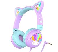 iClever Auriculares para Niños, Cat Ear con Luces LED, Volumen Seguro de 85dBA, Sonido Estéreo, Auriculares Plegables con Cable de 3.5mm, para iPad Tabletas Viajes Escuela