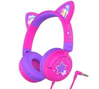 iClever Auriculares para Niños, Cat Ear con Luces LED, Volumen Seguro de 85dBA, Sonido Estéreo, Auriculares Plegables con Cable de 3.5mm, para iPad Tabletas Viajes Escuela